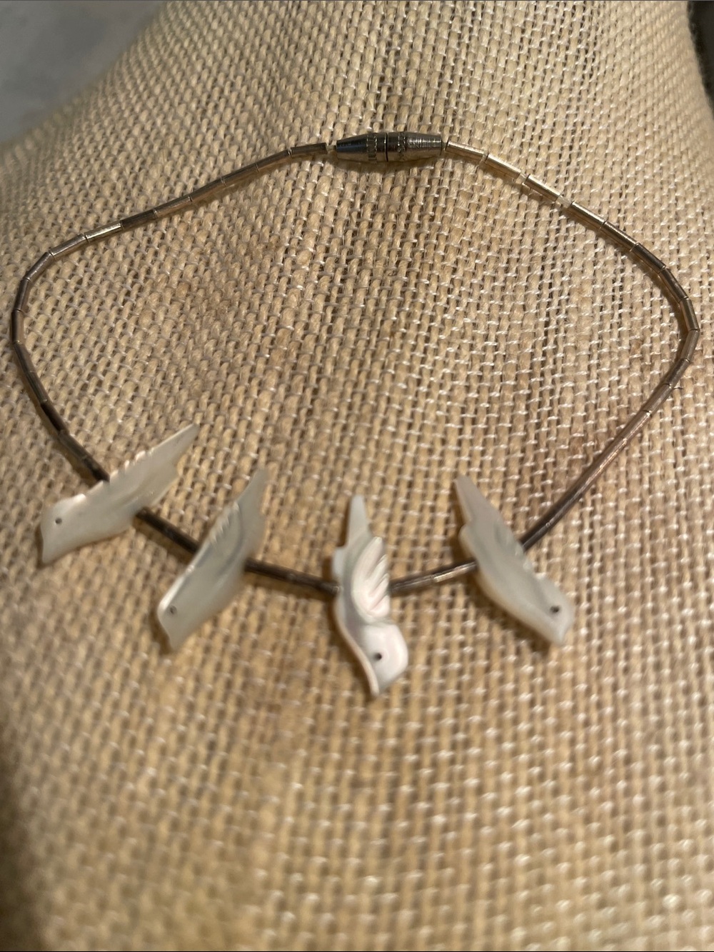Vintage Liquid Silver Necklace with Mother of Pearl Bird Fetishes